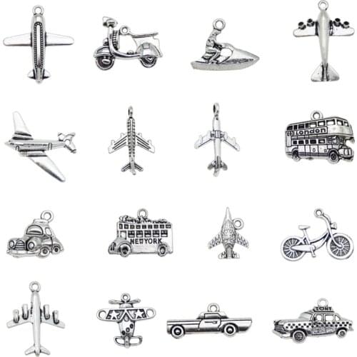 Julie Wang 16PCS Alloy Mixed Transport Bus Car Ship Bike Plane Charms Jewelry Making Pendant Findings Accessory