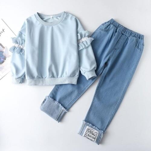 Girls Sets 2021 New Fashion Teenagers Ruffles Top and Demin Pants Outfits Kids Sweet Clothes Active Clothing Girl Set Suit 4-13Y