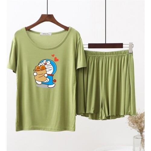 Short Sleeve Two Piece Set Summer Light Green Modal Cotton Women Pajamas Set Loose O-neck Sleepwear Cute Doraemon Anime Pajamas