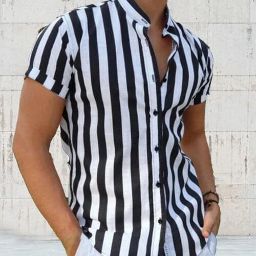 Cool Nice-looking Men Short Sleeve Shirt Black and White Summer Shirt Stripes Pattern for Dating