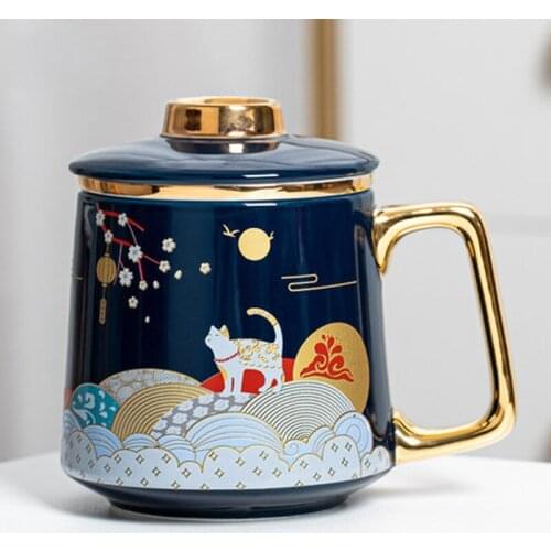 Chinese style Mug with Lid Creative Personality Trend Ceramic Office Cup Tea Water Separation Filter Tea Cup Water Cup