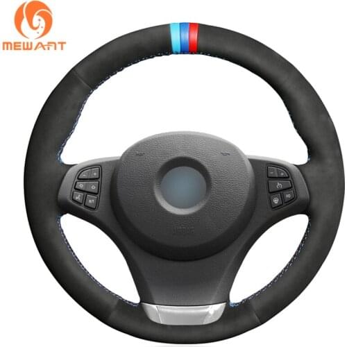 MEWANT Black Suede Genuine Leather Car Steering Wheel Cover for BMW X3 E83 2003 2004-2007 2008 2009 2010 X5 E53 2003-2006