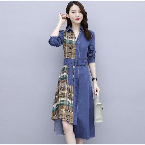 Fashion womens denim dress autumn 2021 new European goods trendy temperament mid-length irregular large size dress female s166