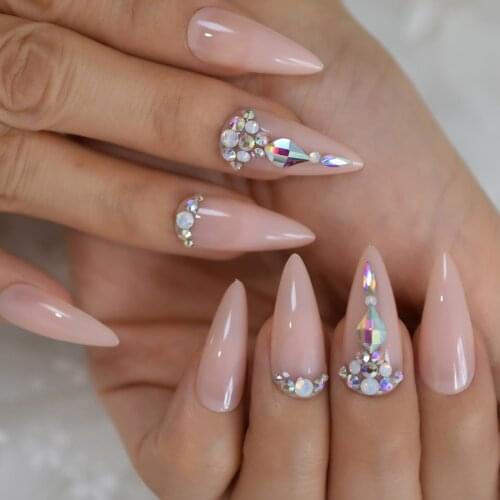 Natual Nude False Nails ABS Pointed Strass Long Stiletto Acrylic Artificial Nail Tips Rhinestone Designed Manicure Tip 24