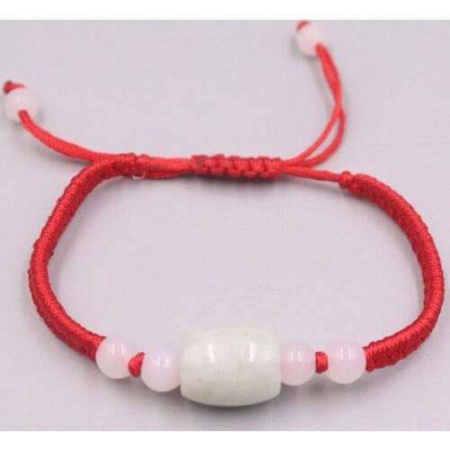 New Craft Natural Jadeite White Cylinder 13x11mm with Red Cord Knitted Bracelet 6.3inch Women Best Gift