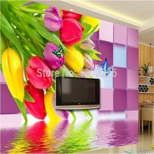 Beibehang Tulip Butterfly Large custom mural TV background wallpaper HD fashion wall paper living room bed room wallpapers