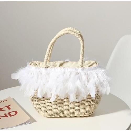 Casual Mini Handmade Straw Woven Handbag Ladies Fashion Feather Woven Bag Summer Beach Bags Female Mini Tote Bags Pull Grass New