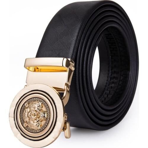 Tiger Buckle Belt for Men Genuine Leather Belt Gold Automatic Ratchet Buckle Waist Strap Black No Holes Gift for Father Husband