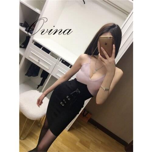 Pink Strap V Neck Sleeveless Patchwork Mini Bandage Women Dress Sexy Night Party Dress