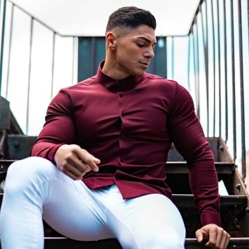 Spring Fashion Long Sleeve Shirt Men Autumn Super Slim Fit Male Social Business Dress Shirt Brand Men Gym Fitness Sport Clothing