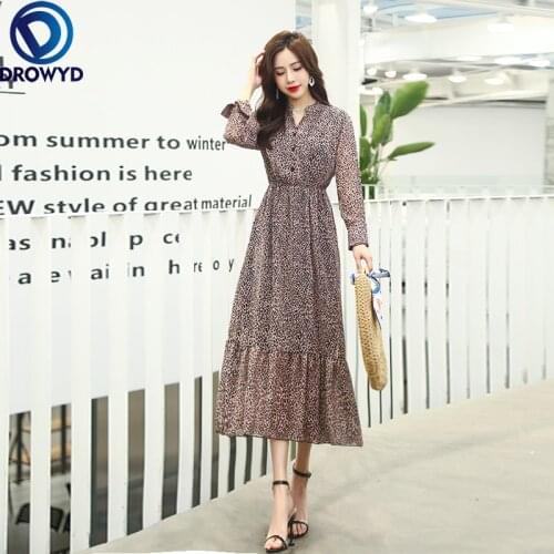 2021 Chiffon High Elastic Waist Midi Dress A-line Women Full Sleeve Leopard Print Floral Boho Dress Female Bodycon Party Vestido