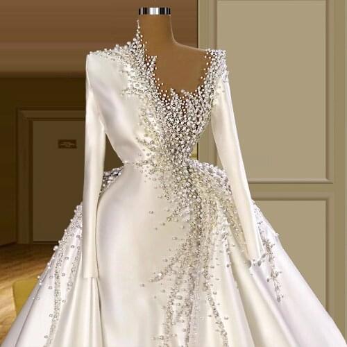 Dubai Pearls Mermaid Wedding Dresses With Detachable Train Long Sleeves Beaded Crystal Bridal Gowns Vintage Robe De Soiree