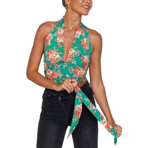 Womens Halter Crop Tank Tops Sleeveless Deep V Neck Floral Print Tie Knot Front Camisole Backless Club Streetwear Top