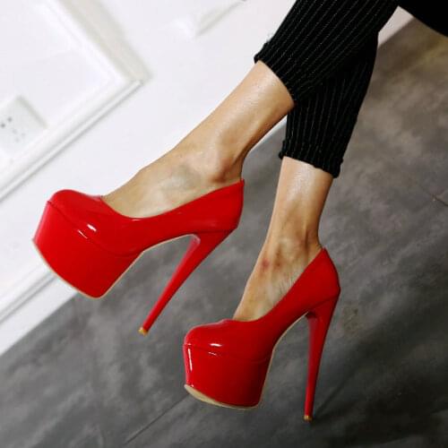 Womens Super High Heels Shoes Night Club Round Toe Woman Pumps Black Red White Pu Leather Single Shoes Large Size 34-48