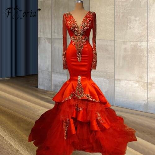 Red Beads Aso Ebi Mermaid Evening Dresses Long Sleeves Formal Prom Gowns With Tiered Ruffles Train Plus Size robe de soirée