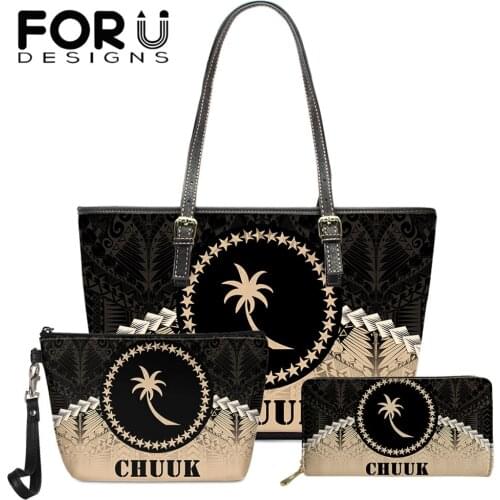 FORUDESIGNS Vintage Leather Handbags and Purse for Woman Stylish 3pcs Bag Female Chuuk Polynesian Tattoo Print Party Evening Sac