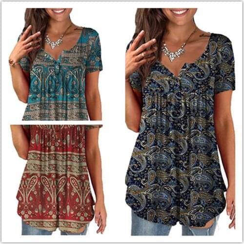 Womens Short Sleeve Shirt V Neck Floral Blouses Tunic Tops