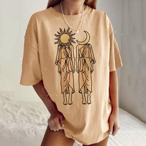 Vintage Print Tshirt Oversized T Shirt Women 2021 Harajuku Shirt Sun Moon Print Yellow Short Sleeve Tee Femme Streetwear Top