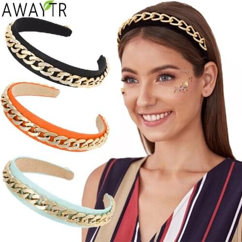 AWAYTR Gold Chains Hair Bands Women Hair Hoop Solid Bezel Hairbands Girls Fashion Elastic Headband Hair Accessories Ornament