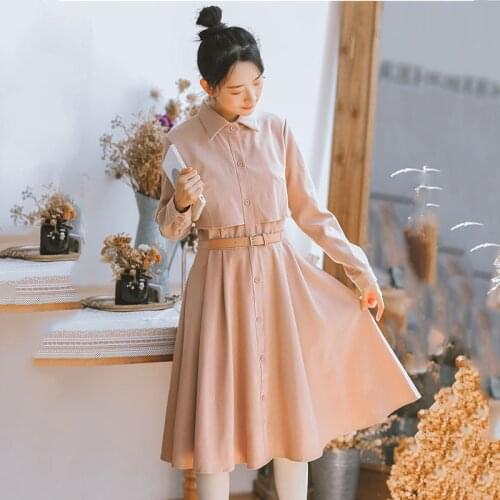 Women Autumn Winter Dresses Waist Hugging Long-Sleeved Elegant Design French Retro Temperament Belt Shirt All-Match Dress