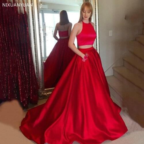 Halter Long Red Prom Dresses Two Pieces A Line Sleeveless Sweep Train Evening Formal Party Dress with Pockets Vestido De Fiesta