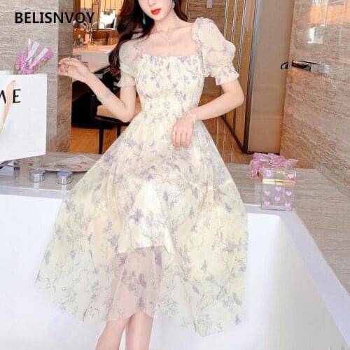 Robe Femme Summer Korean Casual Puff Sleeve French Chiffon Fairy Dress Women Floral Printed Boho Beach Holiday Party Midi Dress