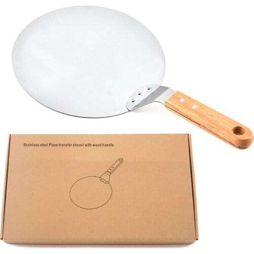 1Pc Stainless Steel Round Pizza Spatula Peel Shovel Wooden Handle Large Pizza Cake Safe Transfer Shovel Kitchen BakingTool #A