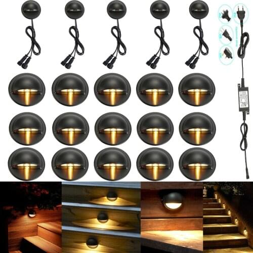 20Pcs Black Half Moon 35mm LED Deck Step Stair Fence Plinth Lights Low Voltage DC12V + 30W Transformer