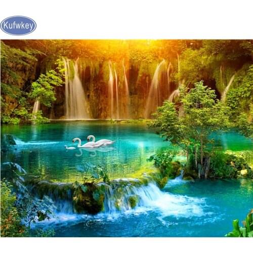Waterfall,5D,Diamond Painting lake,swan,Stitch Cross,3d pictures,image,Full,Diamond Embroidery,Diamond Mosaic,Needlework,Crafts