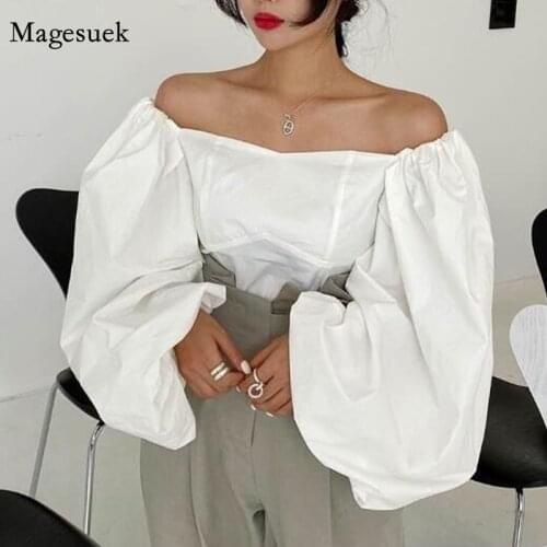 New Sexy Strapless Slim Tube Top Spring Chic Loose Big Puff Sleeve Solid Shirt Slash Neck Temperament Blouse Women Blusas 12867