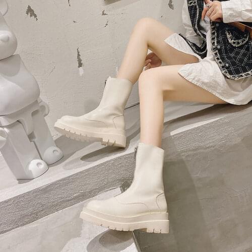 Chelsea Boots Chunky Boots Women Winter Shoes PU Leather Plush Ankle Boots Black Female Autumn Fashion Platform Booties