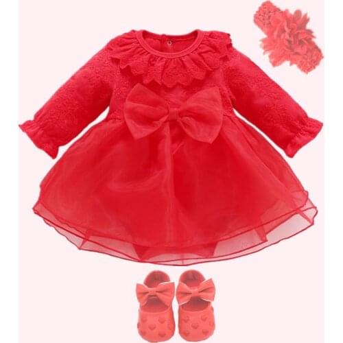 Baby Girl Birthday Wedding Dress Clothes Infant Flower Girls Christening Baptism Dresses with Bowknot Shoes Set for NB-12months