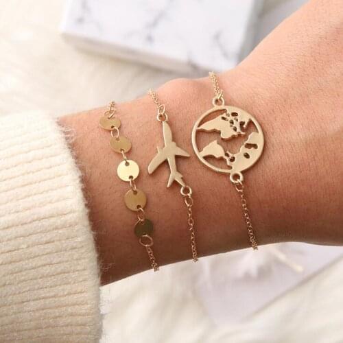 DIEZI Bohemia Gold Metal Chain Bracelets For Women Girls Fashion Map Ocean Airplane Bracelets Sets Vintage Fashion Jewelry