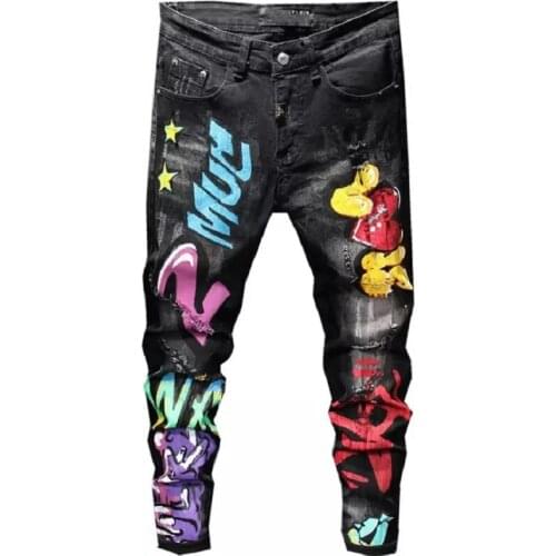 European Style Men plein Brand Jeans Mens Slim Denim Trousers Jeans Straight Moto & Biker Hole Black Jeans Pants for Men