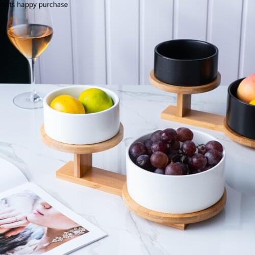 Ceramic Fruit Plate Solid Color Fruit Salad Bowl Two-piece Wooden Base Dessert Snack Tray Dishes Decorative Bowl Plate Tableware