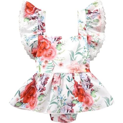 Summer Fashion Baby Clothes Girls Romper Toddlers Sweet Style Floral Printing Lace Fly Sleeve Splicing Skirt Suspender Jumpsuit