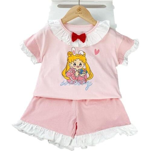 Doayni Baby Girls Summer short sleeve Thin cotton household clothes 2pcs sets fit for 2 to 8 years sleeping wear sets