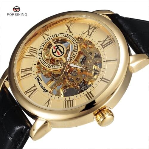 FORSINING Top Luxury Brand Military Fashion Gold Case Hollow Engraving Skeleton Leather Strap Men Dress Mechanical Wrist Watches