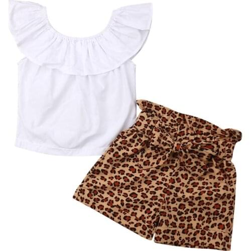 Fashion Kids Toddler Baby Girl Sets Summer Cotton Ruffle White Tops Bow Belt Leopard Print Shorts 2Pcs Girl Clothes Outfits 1-6Y