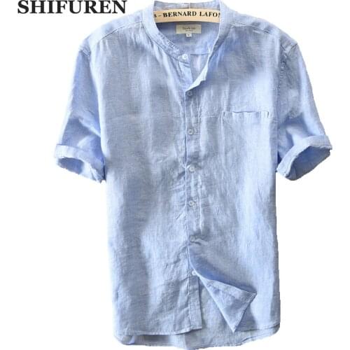 SHIFUREN New Summer Causal Men Shirts 100% Pure Linen Breathable Short Sleeve Mandarin Collar Shirts Size M-XXXL Male Clothing