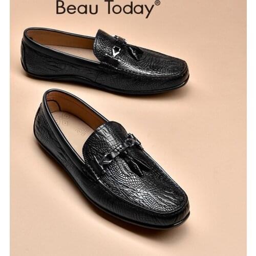 Men Loafers Genuine Cow Leather Round Toe Shoes with Tassels Breathable Casual Outwear Slip On for Men Handmade BeauToday 51037