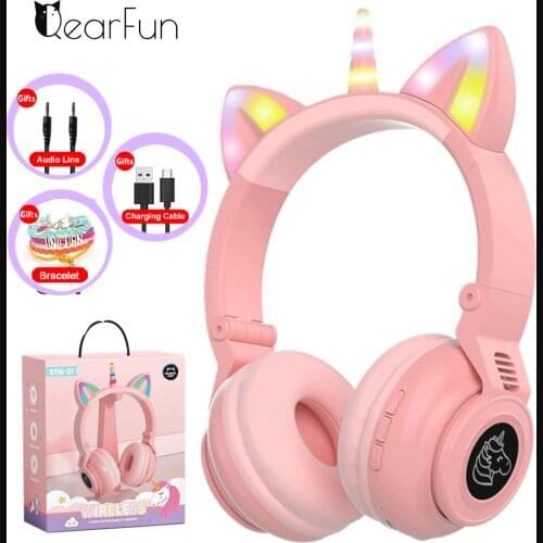 HiFi Girls Wireless Unicorn headphones For cell phone Stereo Bass Cute Children Music Kid Cat Bluetooth Headsets Support SD card