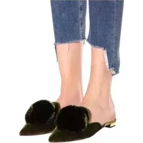 New Girls Round Ball Tassel Flats Velvet Slipper Women Pointed Toe Slingbacks Ladies Fringed Casual Mules Shoes