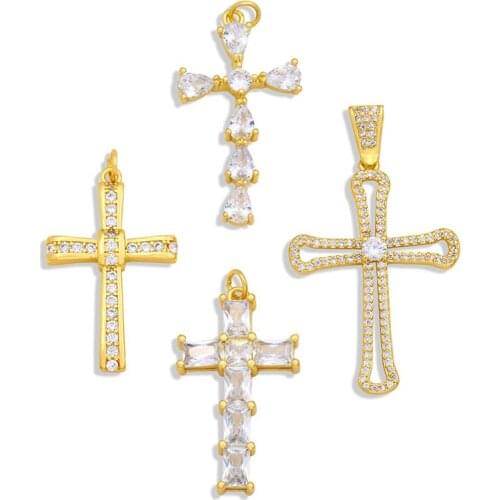 OCESRIO Cubic Zirconia Brass Cross Pendants Charms for Necklace Jewelry Making18K Gold Plated Catholic Religious Jewelry pdta333