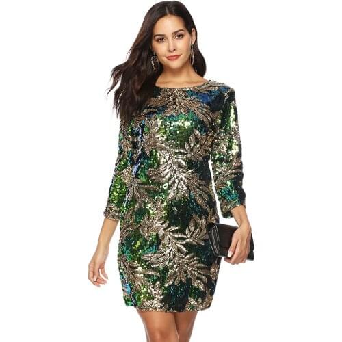 Autumn Women Iridescent Sequin Velvet Dress Stretchy O-Neck 3/4 Sleeve Floral Paillettes Party Club Bodycon Dress