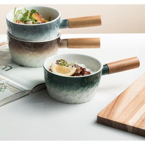 Japanese ceramic fruit salad bowl with wooden handles household creative gradient stone texture tableware small soup bowl