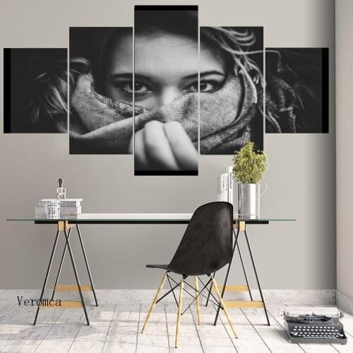Modern Fashion Girl with Scarf Wall Art Canvas Painting Five Pieces Hd Print Poster Picture for Living Room Girl Room Decor