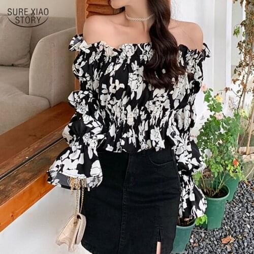 Loose Long Sleeve Top Women Floral Large Size Slim Female Shirt Early Autumn Fairy One-shoulder Women Blouse Short Blusas 16116