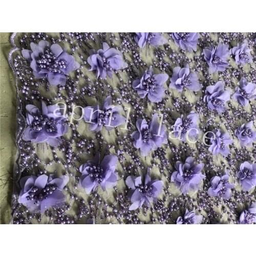 Stock de003# 5 yards 4 color pearls 3d peach flower beads african luxury embroidery tulle lace for bridal wedding dress