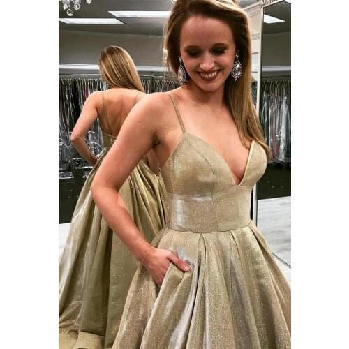 2020 Gold Sparkly Prom Dresses with Pockets Sleeveless Spaghetti Straps V Neck Formal Evening Party Gowns Robe De Soiree